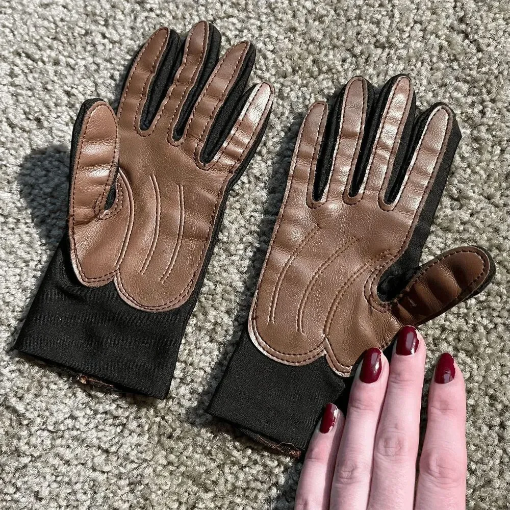 VTG Brown Faux Leather Driving Gloves Stretch Knit Retro Moto